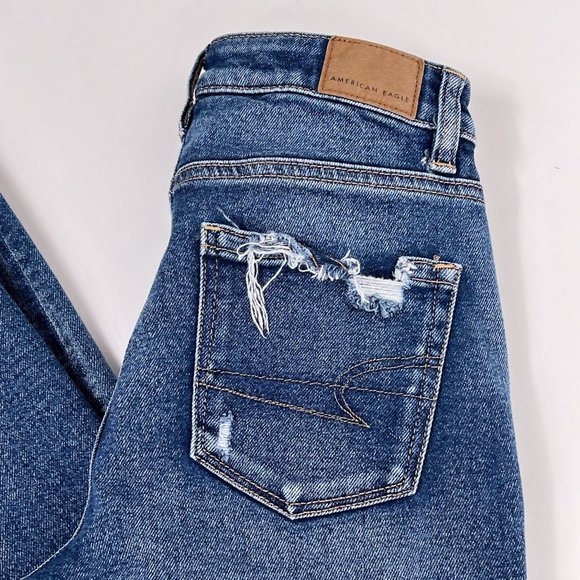 AE American Eagle Mom Jean Distressed Destroyed Mid Rise Stretch Denim Size 0 - Picture 8 of 13